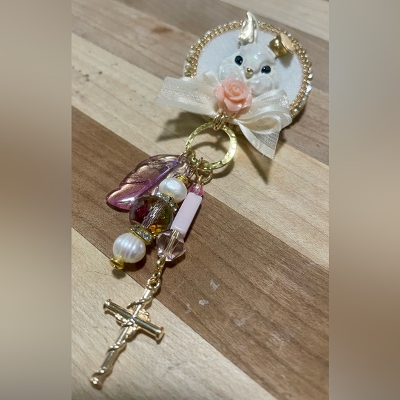 Gold and Pink Bunny Brooch with Beads - Picture 6 of 7